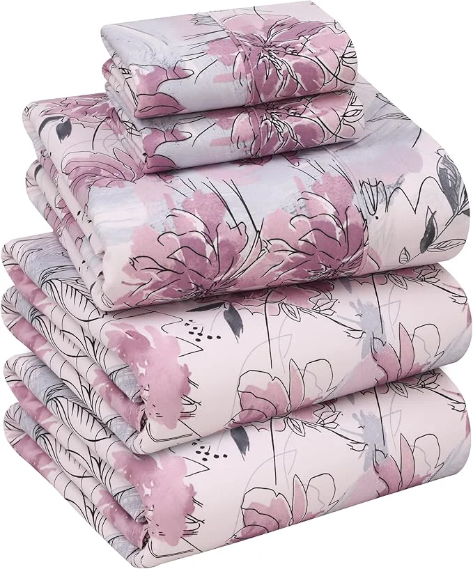 Fine Crafted RUVANTI Cotton Sheets – Split King Size Percale Bedding Cooling amp Breathable Floral Design Durable with a Crisp Soft amp Comfortable Feel 16 quot Deep Pocket 5-Piece Set Lilac Floral