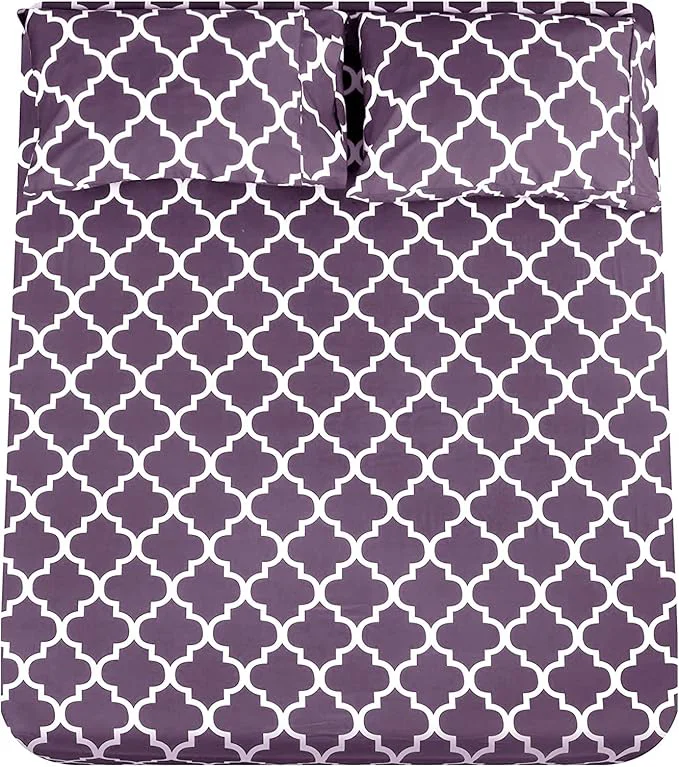 Carefully Designed Mejoroom Full Bed Sheet Set – Super Soft Brushed Microfiber 1800 Thread Count Sheets with 16 inch Deep Pocket – Wrinkle – 4 Piece Full Purple Quatrefoil with White Pattern Eco-Friendly