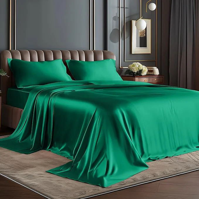 Clean BEDELITE Satin Sheets Full Size Bed Set Luxury Soft Dark Green Silky Sheets for Hair and Skin Similar to Silk Bed Sheets Set 4 Pieces with 1 Deep Pocket Fitted Sheet 1 Flat Sheet and 2 Pillowcases High-Grade