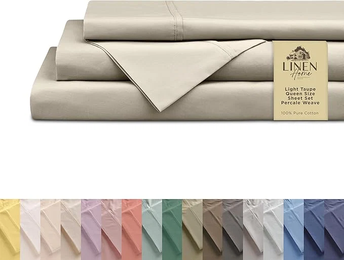 Reliable Linen Home Cotton Percale Sheets Queen Size Light Taupe Deep Pocket 4 Pieces Set – 1 Flat 1 Deep Pocket Fitted Sheet and 2 Pillowcases Crisp Cool and Strong Bed Linen Stylish