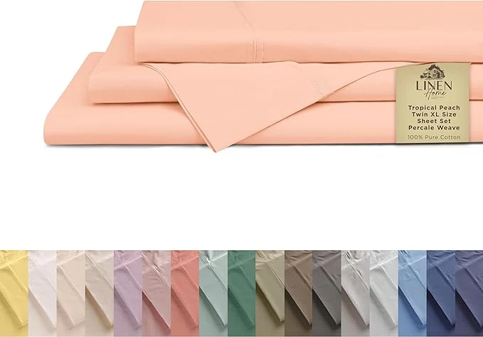 Elite Linen Home Cotton Percale Sheets Twin XL Size Tropical Peach Deep Pocket 3 Pieces Set – 1 Flat 1 Deep Pocket Fitted Sheet and 1 Pillowcase Crisp Cool and Strong Bed Linen Optimized