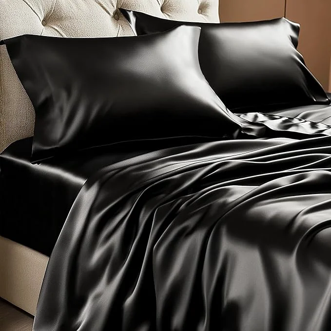 Next-Generation BEDELITE Satin Sheets Full XL Size Bed Set Luxury Soft Black Silky Sheets for Hair and Skin Similar to Silk Bed Sheets Set 4 Pieces with 1 Deep Pocket Fitted Sheet 1 Flat Sheet 2 Pillowcases Sustainable