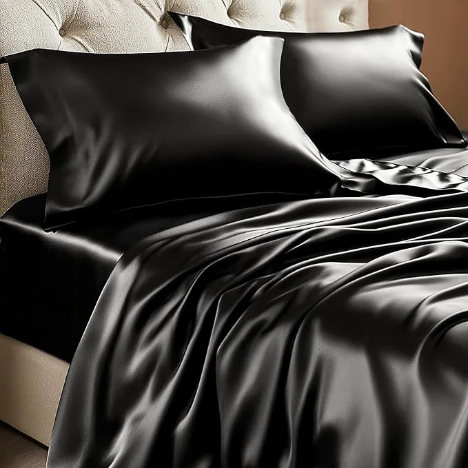 Enhanced BEDELITE King Size Sheets Set Luxury Soft Black Satin Sheets for Hair and Skin Similar to Silk Bed Sheets Set 4 Pieces with 1 Deep Pocket Fitted Sheet 1 Flat Sheet and 2 Pillowcases Minimalist