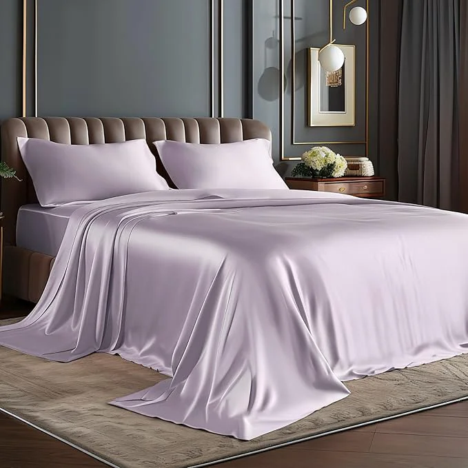 Outstanding BEDELITE King Size Sheets Set Luxury Soft Lavender Satin Sheets for Hair and Skin Similar to Silk Bed Sheets Set 4 Pieces with 1 Deep Pocket Fitted Sheet 1 Flat Sheet and 2 Pillowcases Stylish
