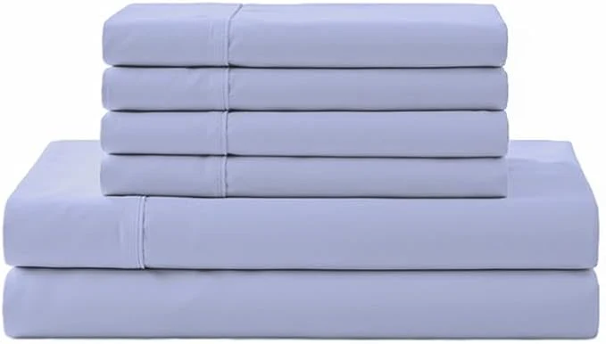 Versatile Linen Home Cotton Percale Sheet Set Queen Size Baby Blue Deep Pocket 6 Pieces Set – 1 Flat 1 Deep Pocket Fitted Sheet and 4 Pillowcases Crisp Cool and Strong Bed Linen High-Quality