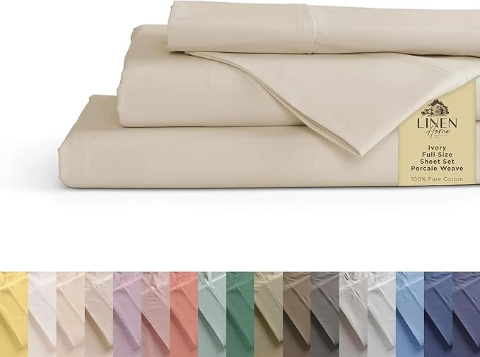 Innovative Linen Home Cotton Percale Sheets Full Size Ivory Deep Pocket 4 Pieces Set – 1 Flat 1 Deep Pocket Fitted Sheet and 2 Pillowcases Crisp Cool and Strong Bed Linen Lightweight