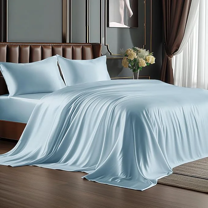 Reusable BEDELITE Satin Sheets Twin XL Size Bed Set Luxury Soft Light Blue Silky Sheets for Hair and Skin Similar to Silk Bed Sheets Set 3 Pieces （1 Deep Pocket Fitted Sheet 1 Flat Sheet and 1 Pillowcase） Enhanced