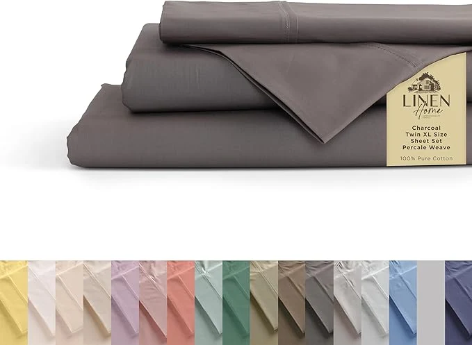 Modern Linen Home Cotton Percale Sheets Twin XL Size Charcoal Deep Pocket 3 Pieces Set – 1 Flat 1 Deep Pocket Fitted Sheet and 1 Pillowcase Crisp Cool and Strong Bed Linen Recyclable