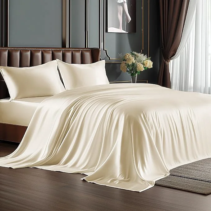 Crafted BEDELITE Satin Sheets Full Size Bed Set Luxury Soft Beige Silky Sheet for Hair and Skin Similar to Silk Bed Sheets Set 4 Pieces with 1 Deep Pocket Fitted Sheet 1 Flat Sheet and 2 Pillowcases World-Class