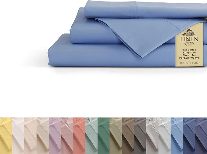 Artisan Linen Home Cotton Percale Sheets King Size Baby Blue Deep Pocket 4 Pieces Set – 1 Flat 1 Deep Pocket Fitted Sheet and 2 Pillowcases Crisp Cool and Strong Bed Linen Excellent