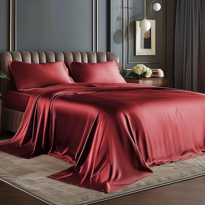 Fast BEDELITE Satin Sheets Queen Size Bed Set Luxury Soft Burgundy Silky Sheets for Hair and Skin Similar to Silk Bed Sheets Set 4 Pieces （1 Deep Pocket Fitted Sheet 1 Flat Sheet and 2 Pillowcases） Consistent