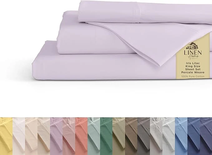 Elite Linen Home Cotton Percale Sheets King Size – Crisp Cool Breathable 16 Inch Deep Pocket Soft Durable 4-Piece King Bed Sheet Set 1 Flat 1 Fitted 2 Pillowcases Iris Lilac Artisan