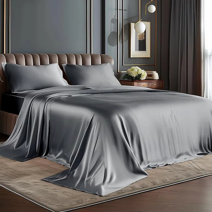 Advanced BEDELITE California King Sheets Set Luxury Soft Dark Grey Satin Sheets for Hair and Skin Similar to Silk Bed Sheets Set 4 Pieces with 1 Deep Pocket Fitted Sheet 1 Flat Sheet and 2 Pillowcases Reusable