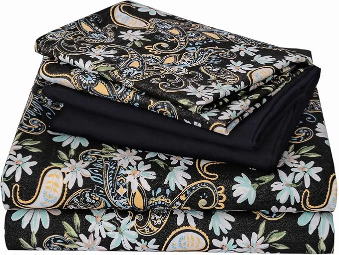 Recyclable JSD Black Paisley Floral Printed Sheet Set King Size 6 Piece Soft Pattern Microfiber Bed Sheets Extra Deep Pocket Superior