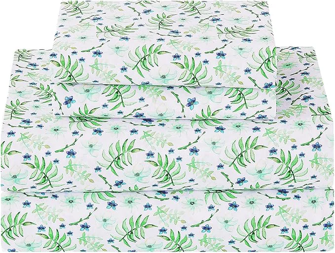 Fashionable Softan Green Floral Full Sheet Set Cozy Botanical Microfiber Printed Fitted Bed Sheet with 15 quot Deep Pockets amp Non-Slip Straps Fresh Greenery Blooms Patterned Sheets amp Pillowcase Set High-Performance
