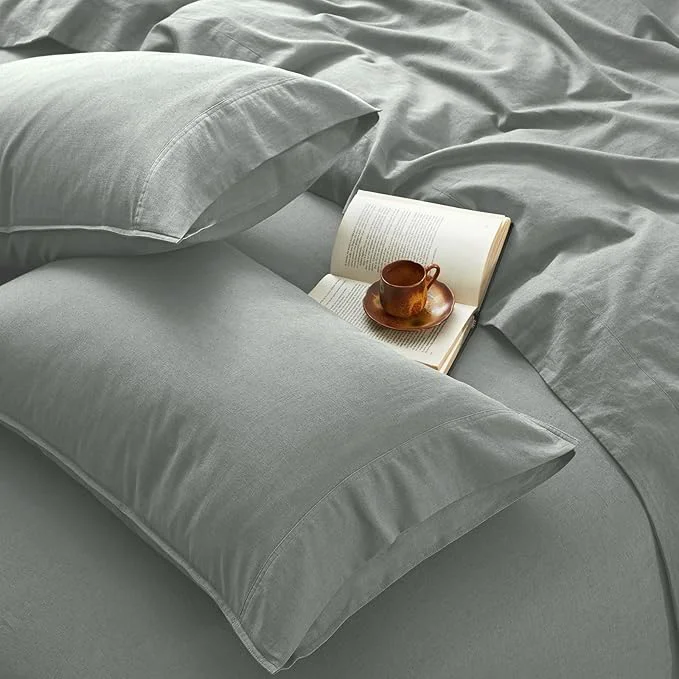 Prestigious 4Pcs Organic Linen Sheets California King Size French Linen from Normandy Breathable Earl Gray Cal King Sheet Set with 16 Inch Deep Pocket 1 Flat Sheet 1 Fitted Sheet 2 Pillowcases Flexible