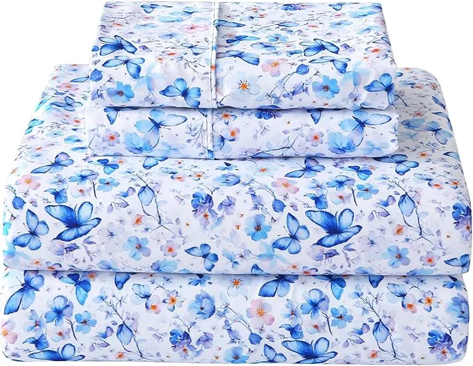 Trendy Softan King Floral Sheets Microfiber Blue Flower Printed Fitted Sheets with Non-Slip Corner Straps and 15 quot Deep Pocket Butterfly Patterned Cozy King Bed Sheets amp Pillowcase Sets Pure