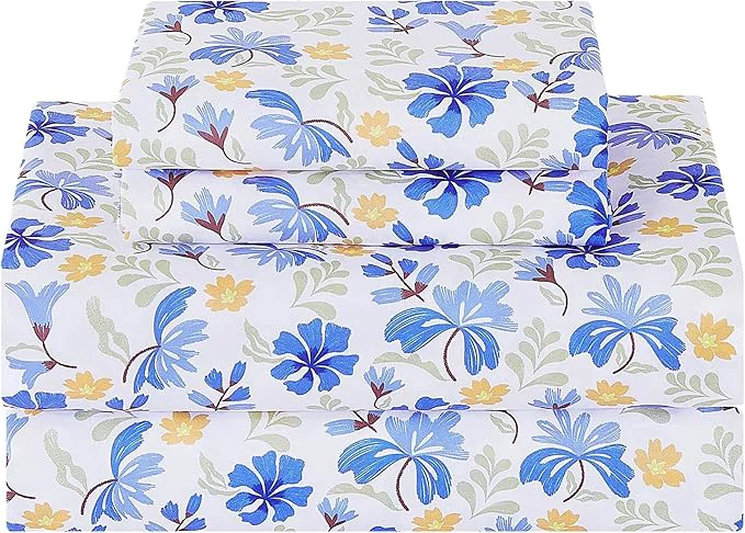 Premium Material Softan Vintage Blue Floral Twin Bed Sheets Cozy Microfiber Flower Printed Sheets with 15 quot Deep Pocket Fitted Sheet amp Non-Slip Straps Patterned Floral in Blue amp Amber Sheets amp Pillowcase Set Pure