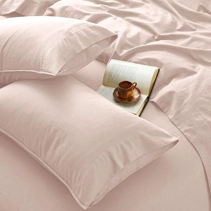 Professional 4Pcs Organic Linen Sheets California King French Linen from Normandy Tear-Resistant Pink Cal King Sheet Set with 16 Inch Deep Pocket 1 Flat Sheet 1 Fitted Sheet 2 Pillowcases Quality