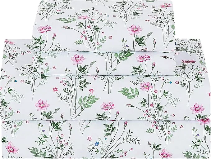 Classic Softan Vintage King Bed Sheets Cozy Microfiber Flower Printed Sheets with 15 quot Deep Pocket Fitted Sheet amp Non-Slip Straps Patterned Botanical Wildflower Sheets amp Pillowcase Set Convenient