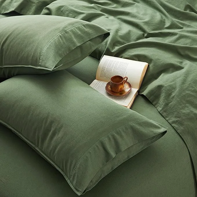Durable 4Pcs Organic Linen Sheets California King Size Linen from Normandy Breathable Forest Green Cal King Sheet Set with 16 Inch Deep Pocket 1 Flat Sheet 1 Fitted Sheet 2 Pillowcases Trusted