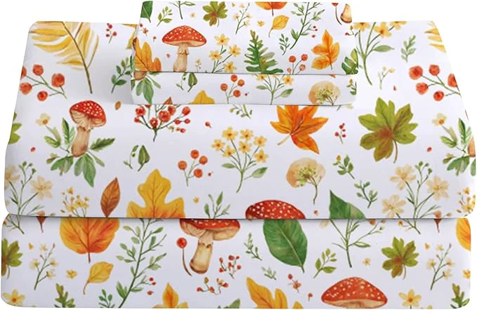 Powerful Softan Orange Floral Twin Size Sheet Set 3-Piece Printed Microfiber Fitted Sheet with 15 quot Deep Pockets amp Non-Slip Straps Maple Leaves amp Mushroom Patterned Bedding Sheets amp Pillowcase Set Consistent