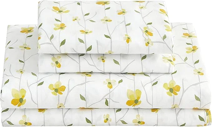 Modern Softan Yellow Floral Sheets for Queen Size Bed Printed Bed Sheets – 4 Piece Soft Microfiber Patterned Fitted Sheets Queen with 15 quot Deep Pocket and Corner Straps Cute Flower Sheets amp Pillowcase Set Versatile