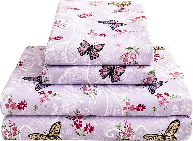 Lightweight Softan Floral Twin Size Sheet Set Purple Paisley Flower Printed Sheets for Kids Girls Brushed Microfiber Fitted Sheet with 15 quot Deep Pocket amp Non-Slip Straps Butterfly Patterned Sheets Optimized