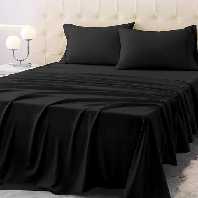 Expertly Made California King Size Bed Sheet Set – 4 Piece Soft Microfiber Sheets with Deep Pockets Cooling Technology and Wrinkle- Pillowcase. Hotel-Quality Durable Bedding Black Fast