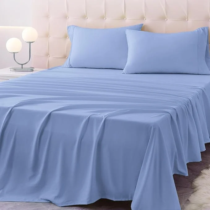 Trendy California King Size Bed Sheet Set – 4 Piece Soft Microfiber Sheets with Deep Pockets Cooling Technology and Wrinkle- Pillowcase. Hotel-Quality Durable Bedding Chambray Blue Verified