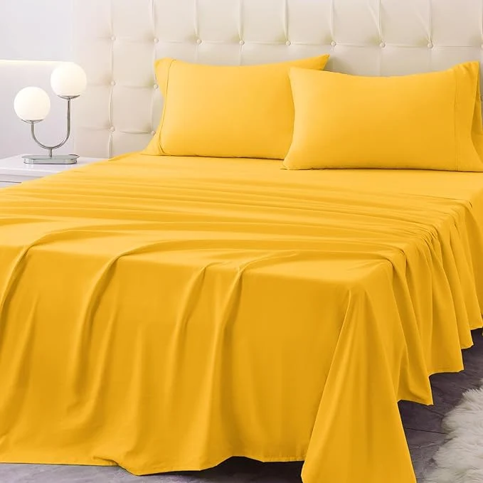 Safe Full Size Bed Sheet Set – 4 Piece Soft Microfiber Sheets with Deep Pockets Cooling Technology and Wrinkle- Pillowcase. Hotel-Quality Durable Bedding Spectra Yellow Reusable