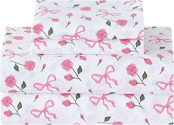 Safe Softan Pink Floral Twin Bed Sheets Cozy Microfiber Flower Printed Sheets with 15 quot Deep Pocket Fitted Sheet amp Non-Slip Straps Patterned Pink Rose – Bow Sheets amp Pillowcase Set Unique