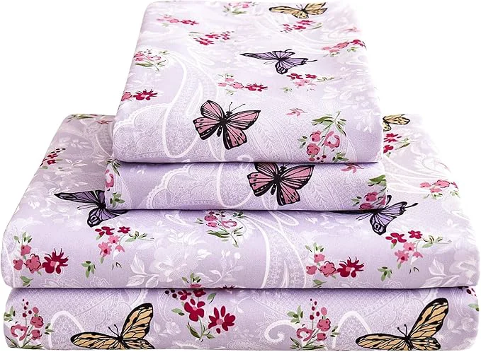 Authentic Softan Purple Floral Bed Sheets Full Paisley Flower Printed Sheet Set Cozy Microfiber Fitted Sheet with 15 quot Deep Pocket amp Non-Slip Straps Butterfly Patterned Sheets amp Pillowcase Set Trusted