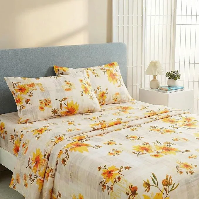 Certified JSD Fall Floral Sheet Set Cal King 4 Piece Yellow Printed Microfiber Bedding Sheets Extra Deep Pocket High-Grade