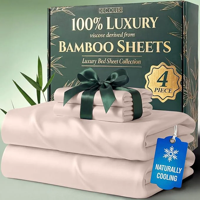 Detailed DECOLURE Viscose Derived from Bamboo Sheets Twin Size – Luxury 4 Pc Naturally Cooling Sheets Ultra Soft Bed Set – Deep 17 quot Pockets Durable Double Stitching Oeko Tex Standard Light Pink Breathable