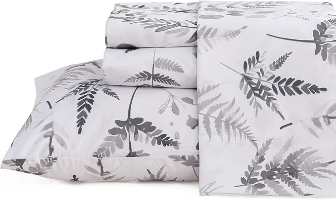 Fine Crafted JSD Boho Floral Sheet Set King Size 4 Piece Grey Herbs Ferns Printed Microfiber Bed Sheets Deep Pocket Official