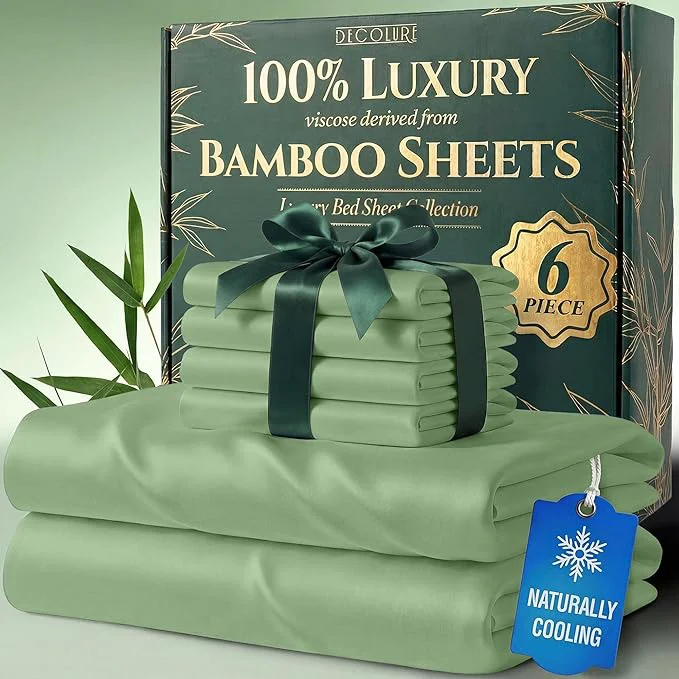 Minimalist DECOLURE Viscose Derived from Bamboo Sheets King Size – Luxury 6 Pc Naturally Cooling Sheets Ultra Soft Bed Set – Deep 17 quot Pockets Durable Double Stitching Oeko Tex Standard Sage Green Official
