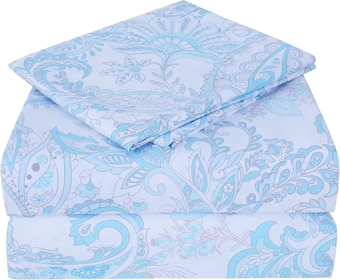 Casual JSD Blue Paisley Sheet Set Cal King 4 Piece Soft Floral Printed Microfiber Sheets Extra Deep Pocket Fashionable