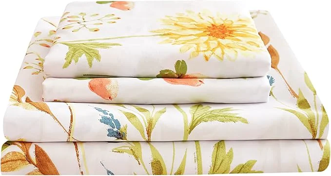 Organic JSD Yellow Floral Printed Sheet Set Full Size 4 Piece Soft Botanical Microfiber Bedding Sheets Extra Deep Pocket High-End
