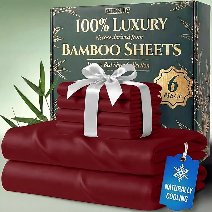 Premium Material DECOLURE Viscose Derived from Bamboo Sheets Queen Size – Luxury 6 Pc Naturally Cooling Sheets Ultra Soft Bed Set – Deep 17 quot Pockets Durable Double Stitching Oeko Tex Standard Burgundy Quality