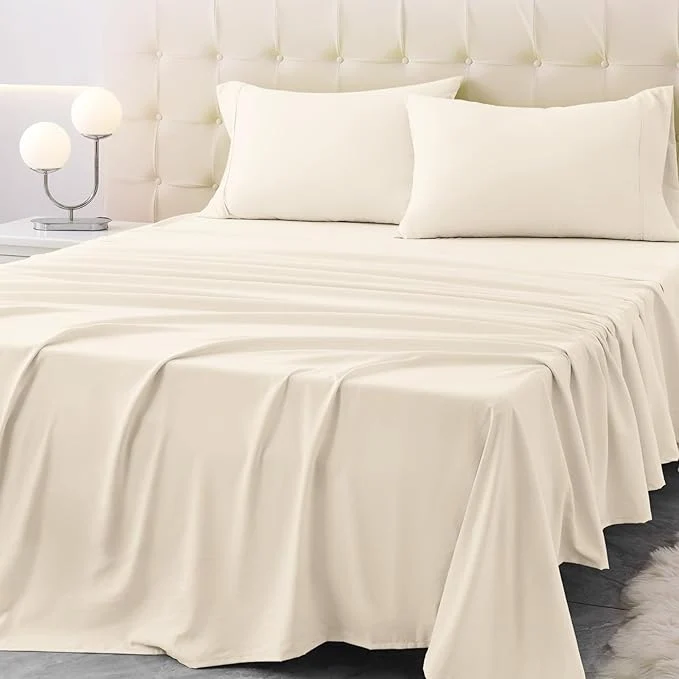 High-Grade King Size Bed Sheet Set – 4 Piece Soft Microfiber Sheets with Deep Pockets Cooling Technology and Wrinkle- Pillowcase. Hotel-Quality Durable Bedding Cream Responsible