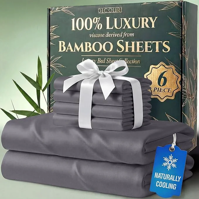 Premium Material DECOLURE Viscose Derived from Bamboo Sheets King Size – Luxury 6 Pc Naturally Cooling Sheets Ultra Soft Bed Set – Deep 17 quot Pockets Durable Double Stitching Oeko Tex Standard Grey Reusable