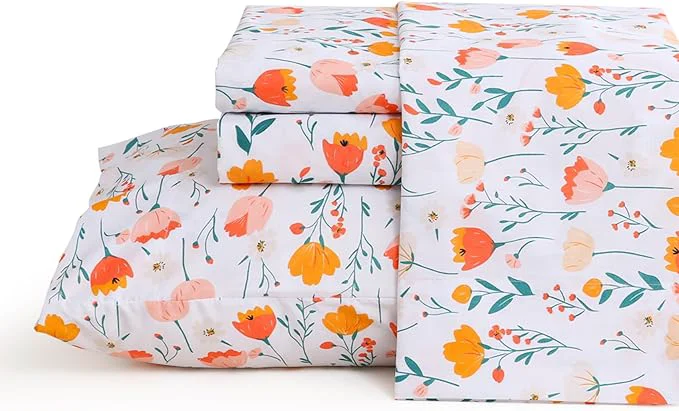 Contemporary JSD Tulip Floral Sheet Set King Size 4 Piece Spring Printed Microfiber Bed Sheets Deep Pocket Quality
