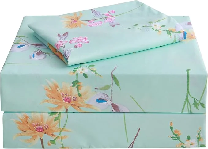 Modern JSD Green Floral Printed Sheet Set Twin Size 3 Piece Soft Botanical Microfiber Sheets Extra Deep Pocket Consistent