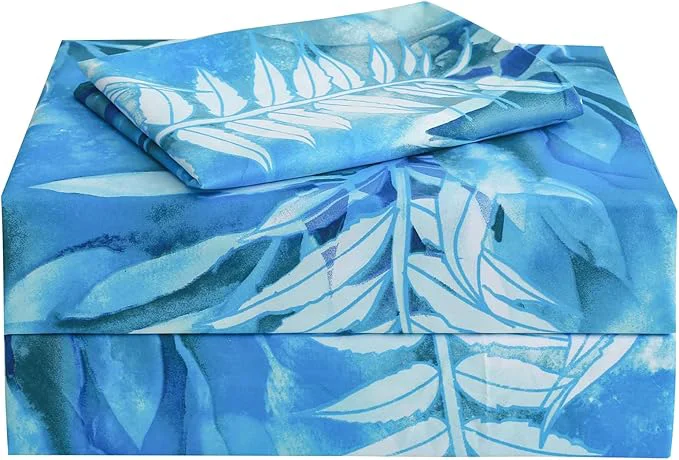 Versatile JSD Teal Blue Tropical Leaves Sheet Set Twin Size 3 Piece Printed Microfiber Sheets Extra Deep Pocket Wrinkle Breathable