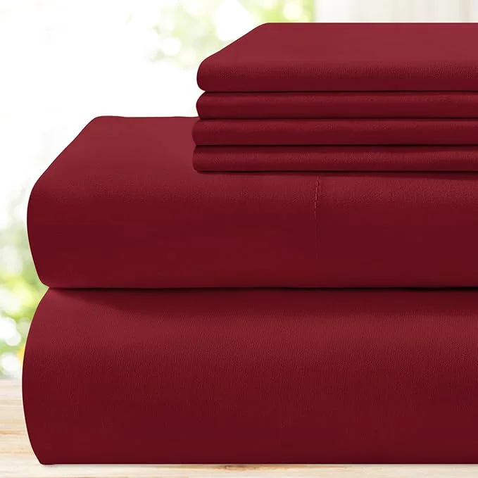 Eco-Friendly BYSURE 6 Pieces Bed Sheets Set Queen Burgundy Red – Hotel Luxury Super Soft 1800 Thread Count Microfiber Sheets with Deep Pockets Wrinkle amp Fade Resistant Top-Quality