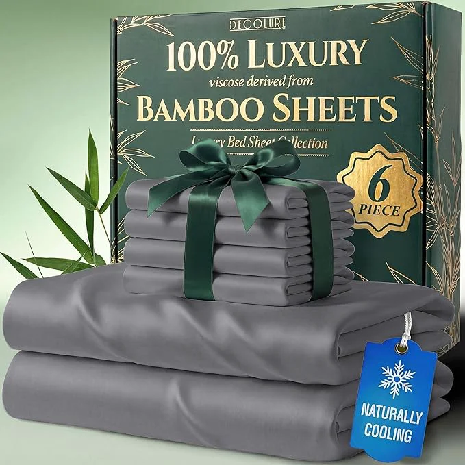 Durable DECOLURE Viscose Derived from Bamboo Sheets California King Size – Luxury 6 Pc Naturally Cooling Sheets Ultra Soft Bed Set – Deep 17 quot Pockets Double Stitching Oeko Tex Standard Midgrey Contemporary
