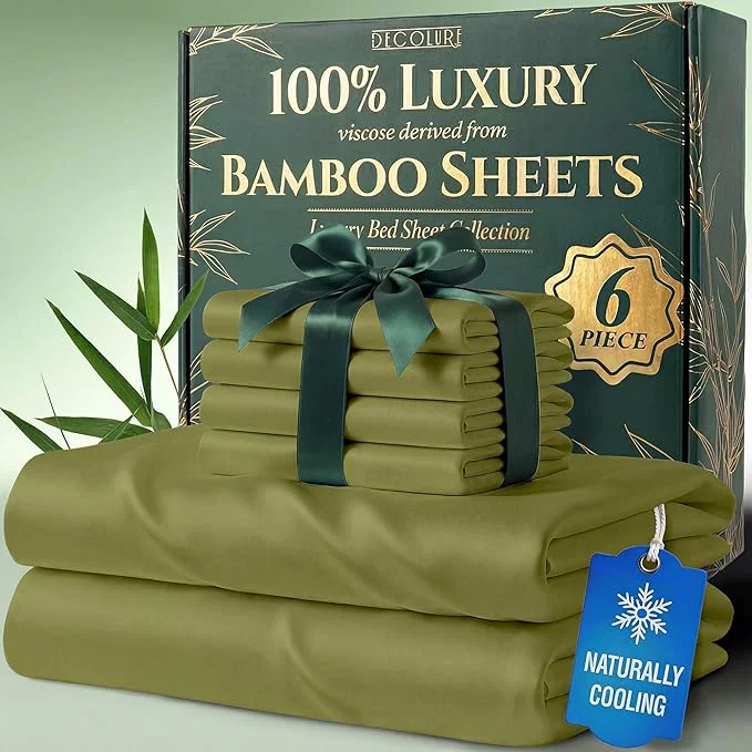 Crafted DECOLURE Viscose Derived from Bamboo Sheets Full Size – Luxury 6 Pc Naturally Cooling Sheets Ultra Soft Bed Set – Deep 17 quot Pockets Durable Double Stitching Oeko Tex Standard Light Olive Consistent
