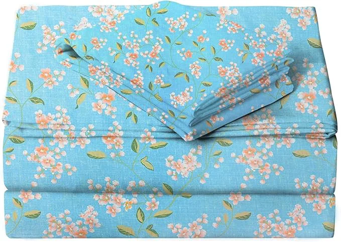 Sustainable JSD Blue Floral Printed Sheet Set Full Size 4 Piece Soft Pattern Microfiber Sheets Extra Deep Pocket Dependable