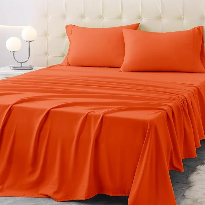 Optimized Full Size Terracotta Bed Sheet Set – 4 Piece Soft Microfiber Sheets with Deep Pockets Cooling Technology and Wrinkle- Pillowcase. Hotel-Quality Durable Bedding Bright Orange High-End